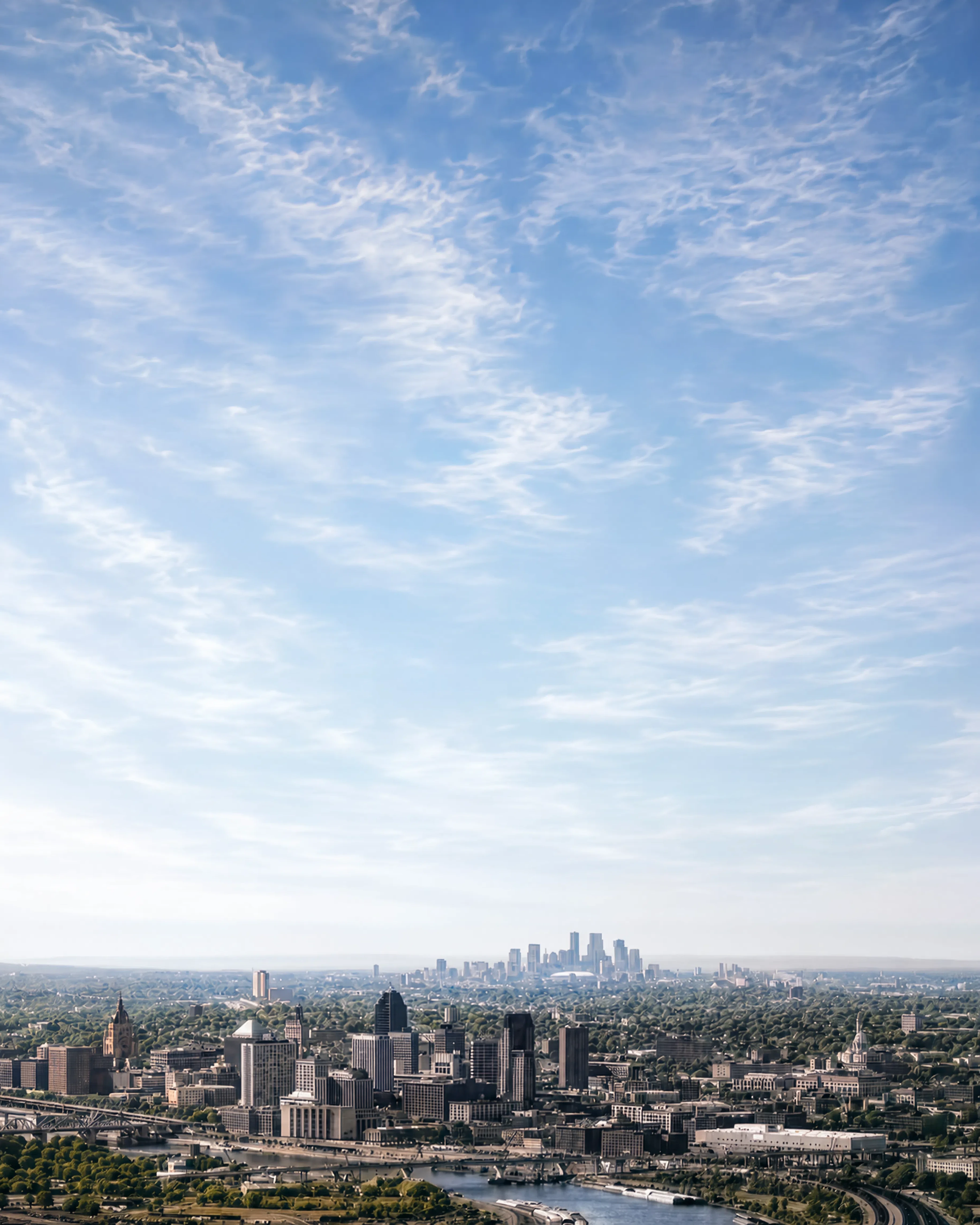 View of the Twin Cities under a wide cloudy sky — Saint Paul downtown in the foreground with the distant Minneapolis skyline across the river.